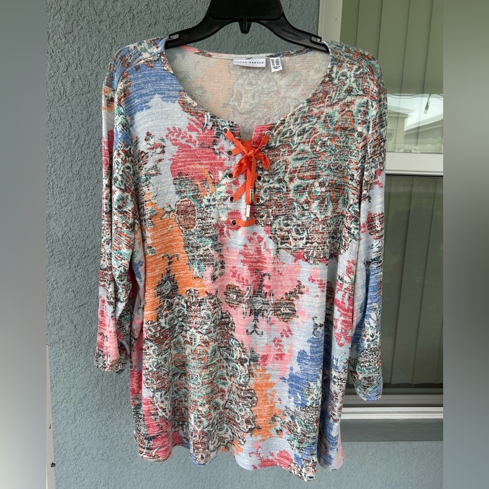 Susan Graver Abstract Lace Up Neckline Detail Stretchy Popover Top Size 2X